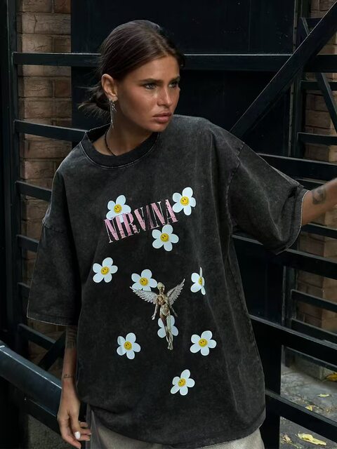 European and American New Fashion Washed Loose Vintage Casual Printed T-Shirt Top Loose Printed T-Shirt