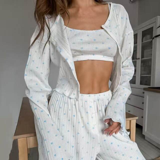 European and American Style Heart Print Top, Underwear, and Long Pants Three-Piece Set Printed Three Piece Home Suit