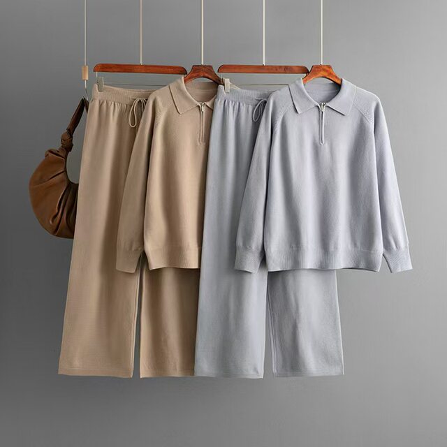 European and American New Fashion Half-Zip Lapel Knit Sweater and Pants Set