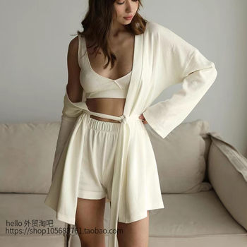 European and American Long-Sleeved Nightgown, Underwear, Shorts, Casual Three-Piece Set