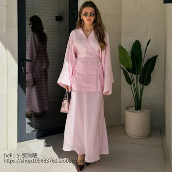 European and American New Style Solid Color V-Neck Tie-Up Cardigan Top and High-Waisted Skirt Set Shirt and Skirt Set