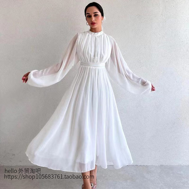European and American Style Half-High Neck Zipper Long-Sleeve Flared Dress Half High Neck Chiffon Dress