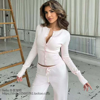 European and American Style New Fashion Casual Knitted Cardigan Sweater and Pants Set