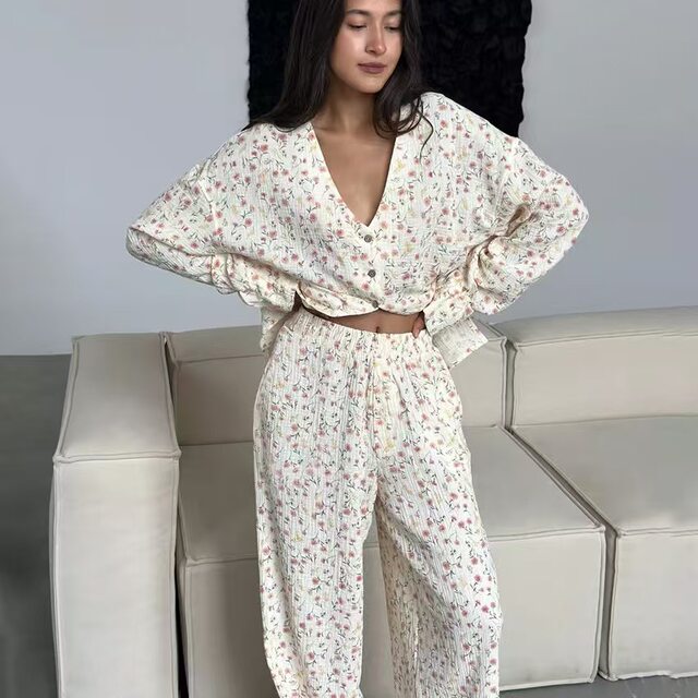 European and American new fashion loose casual long-sleeved tops and trousers home wear set Top and pants set