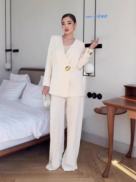 European and American New Fashion Long-Sleeved Suit Jacket Wide-Leg Pants Set