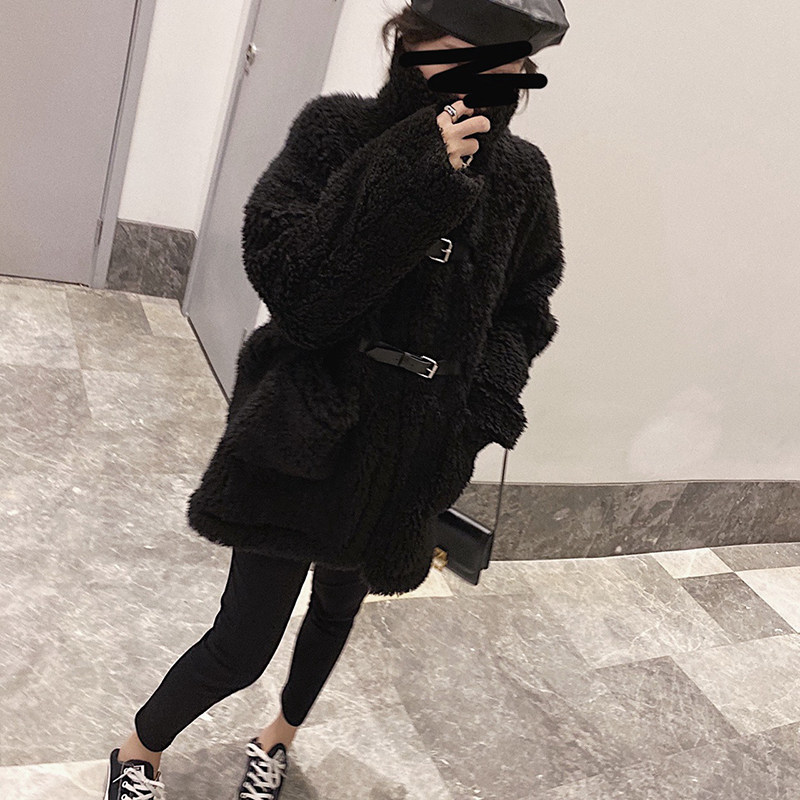 100 Hitch Lamb Locomotive Jacket 2019 Autumn Winter New Medium Long Version Thickened of the lamb suede Grand coat Girl Stide