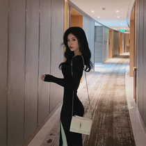 Spring Dress Sexy Bag Hip Open Fork Deep V Collar Closets Waist Care Machine Even Dress Temperament Goddess Van Heu Body Little Black Dress Autumn