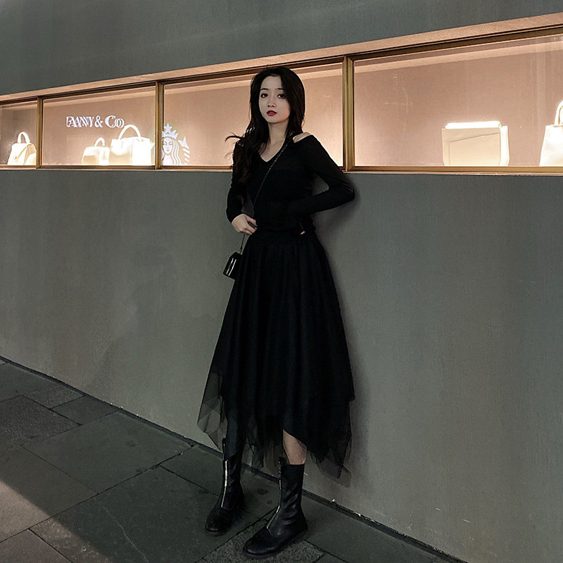 scheming little black dress hepburn style long skirt mesh long sleeve knitted inner dress temperament goddess fan skirt autumn and winter