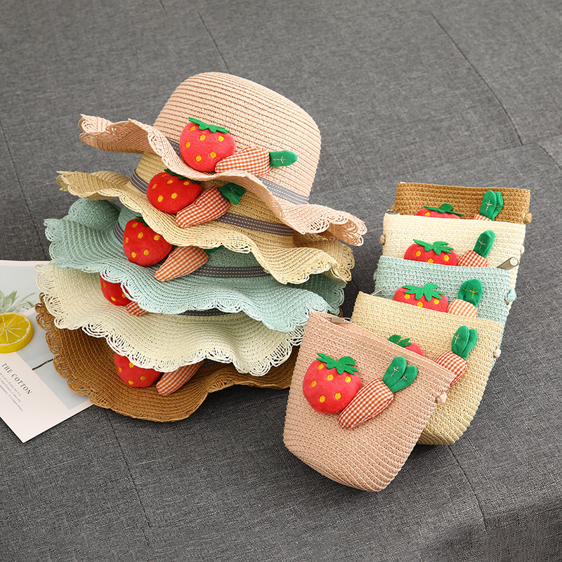 Children's straw hat girls hat summer sunscreen sun hat princess hat beach hat fisherman hat bag straw hat set