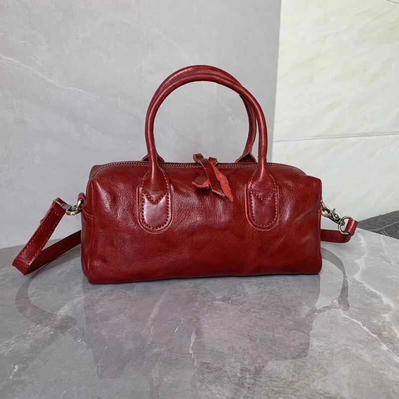 Yuhongtbb Genuine Leather Women's Bag Casual Versatile First Layer Vegetable Tanned Cowhide Boston Bag Satchel Shoulder Crossbody Bag