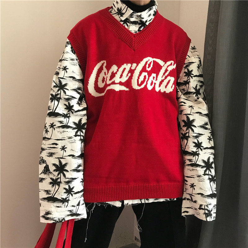 C2 tự chế / 18 mùa thu Hàn Quốc ulzzang hai lớp V-cổ áo cola jacquard len hoang dã áo len nam và nữ in triều áo len cao cổ nữ hàn quốc