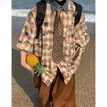 C2 homemade/american retro graffiti painting plaid short-sleeved shirts for men and women summer vintage half-sleeved tops trendy