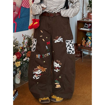 C2 homemade/american retro style ກາຕູນ embroidered jeans ສໍາລັບແມ່ຍິງ, ກາງເກງຂາກວ້າງວ່າງອະເນກປະສົງ