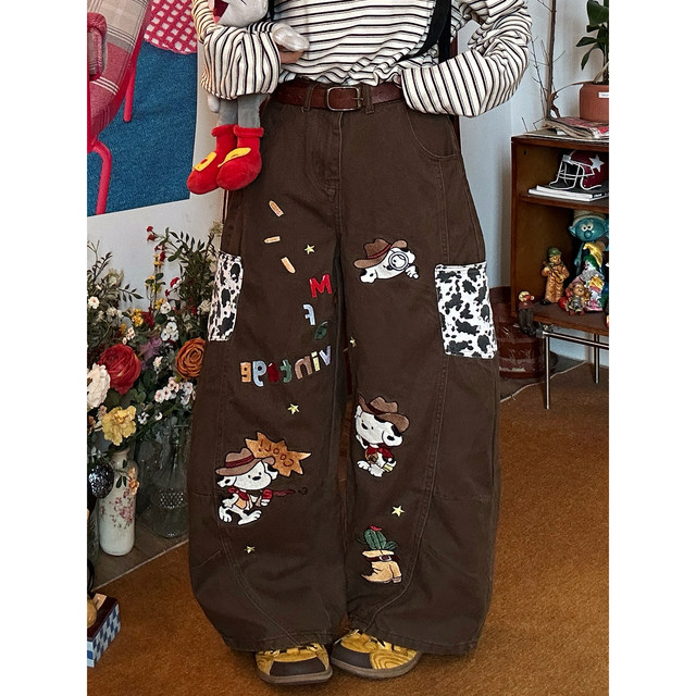 C2 homemade/American retro style ກາຕູນ embroidered jeans ສໍາລັບແມ່ຍິງ, ກາງເກງຂາກວ້າງວ່າງອະເນກປະສົງ