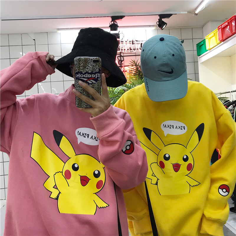 C2 自制/17秋冬皮卡丘卡通印花宽松oversize加绒小高领卫衣男女潮