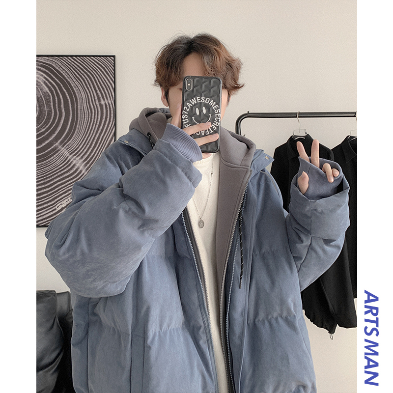 @Hong Kong Aberdeen Literature and Art Men Winter thickened fake two pieces of trendy cotton-padded men's ins loose cotton-padded jacket tide brand jacket