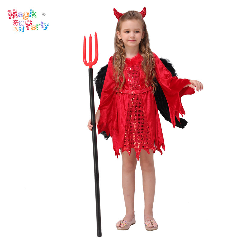 Halloween children's performance costumes Cosplay show clothes girl terror horn demon red devil dress