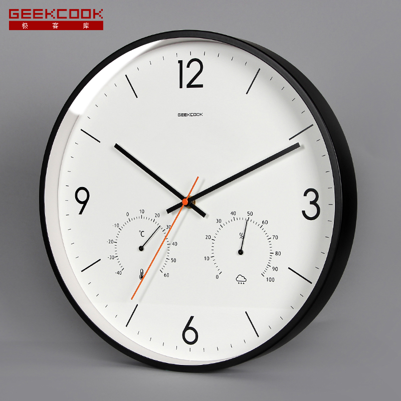 GeekCook Simple modern 14-inch wall clock Silent bedroom quartz clock Living room wall clock Temperature and humidity clock