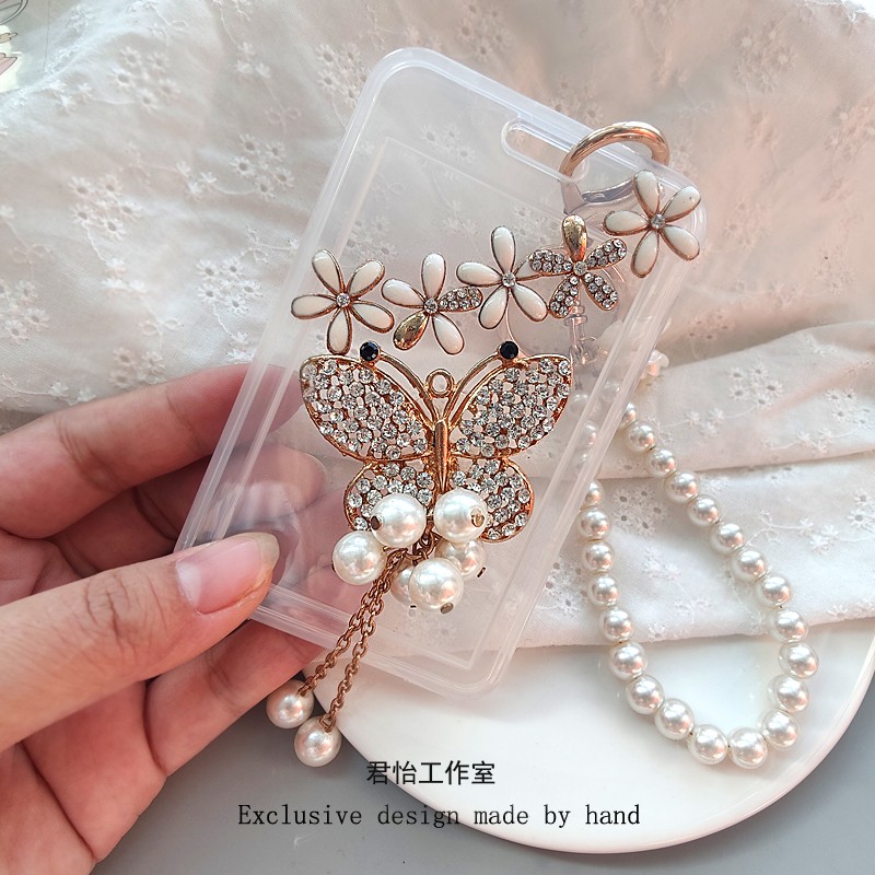 Handmade rhinestone tassel butterfly pearl card holder keychain pendant ID card, bus pass, meal card protective case for women