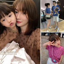 Fried Street Kiss pro Summer clothes a family of three-four-mouth baby climbing and a net red mother and mother full of print short sleeve t-shirt