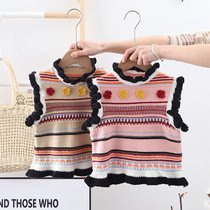 Girls waistcoat 2022 ochre spring child crummy retro vest baby sweater cardiovert blouse foreign air canon shoulder