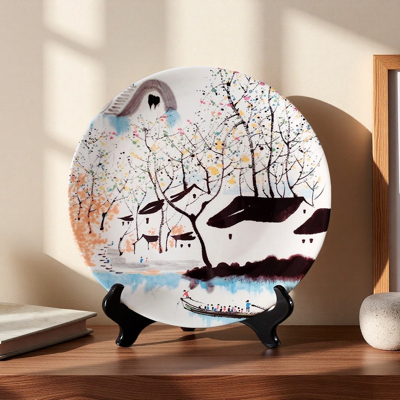 Chinese-Style Tabletop Ornaments, Wu Guanzhong Landscape Painting Ceramic Decorative Plate, Chinese-Style Living Room Entrance Ornaments, Study Room Display Plate