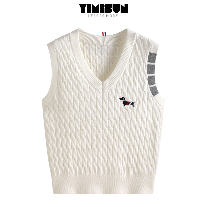 Yimisun Puppy Embroider Four-Bar V Neck Knitwear Twist Knitwear Vest for Women Layered Sleeveless Waistcoat