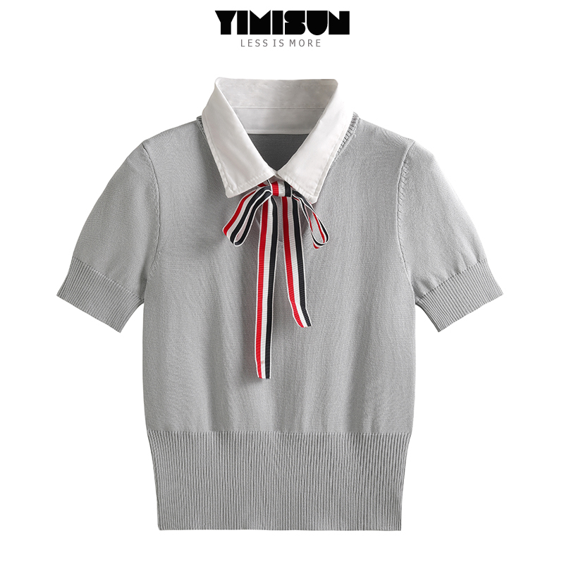 Yimisun Preppy Style Lapel Fake Two-Piece Lace-Up Bow Short Slim Short-Sleeved Top Knitted Bottoming Shirt
