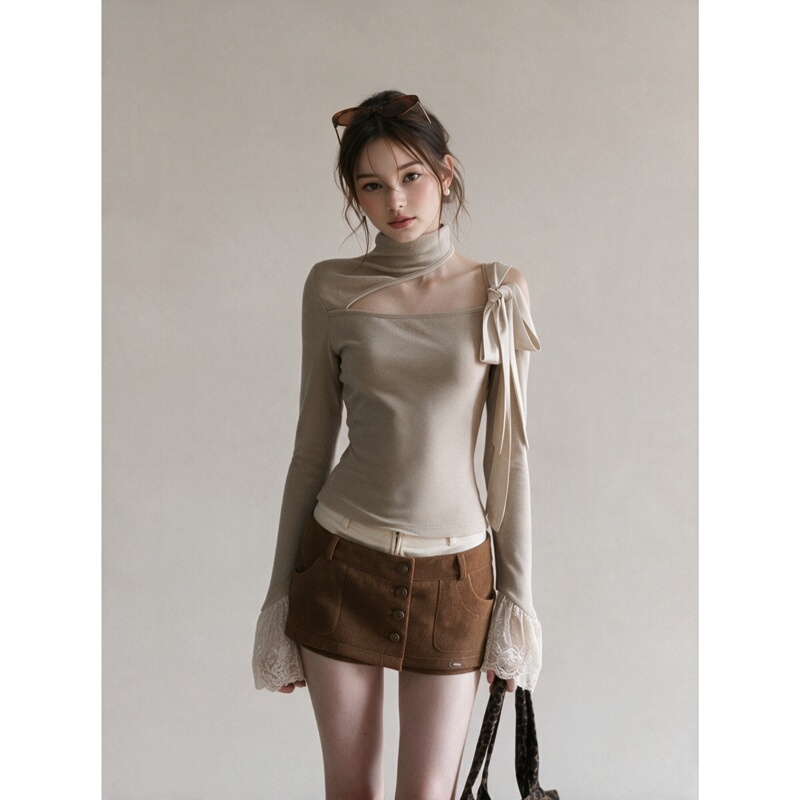 Liangmuyi New Style Pure Desire Style Versatile Lace Patchwork Flared Sleeve Off-Shoulder T-Shirt for Women, Autumn Short Slim-Fit Top
