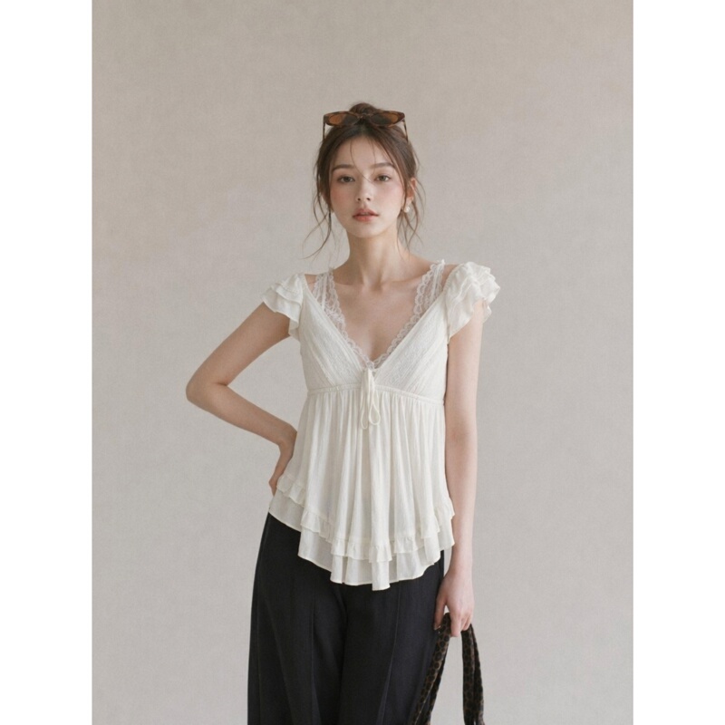 Liangmuyi Pure Desire Sexy Deep V-Neck Lace Low-Cut Korean Style Top for Women Summer Design Lace Shirt Blouse Liangmuyi Pure Desire Sexy Deep V-Neck Lace Low-Cut Korean Style Top for Women Summer Design Lace Shirt Blouse