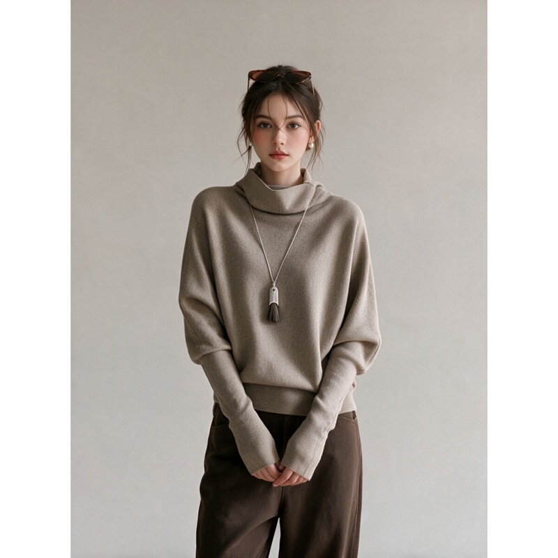 Liangmuyi Elegant Versatile High-Neck Batwing Sleeve Knitted Sweater for Women 2026 Winter Commuter Slim-Fit Base Shirt