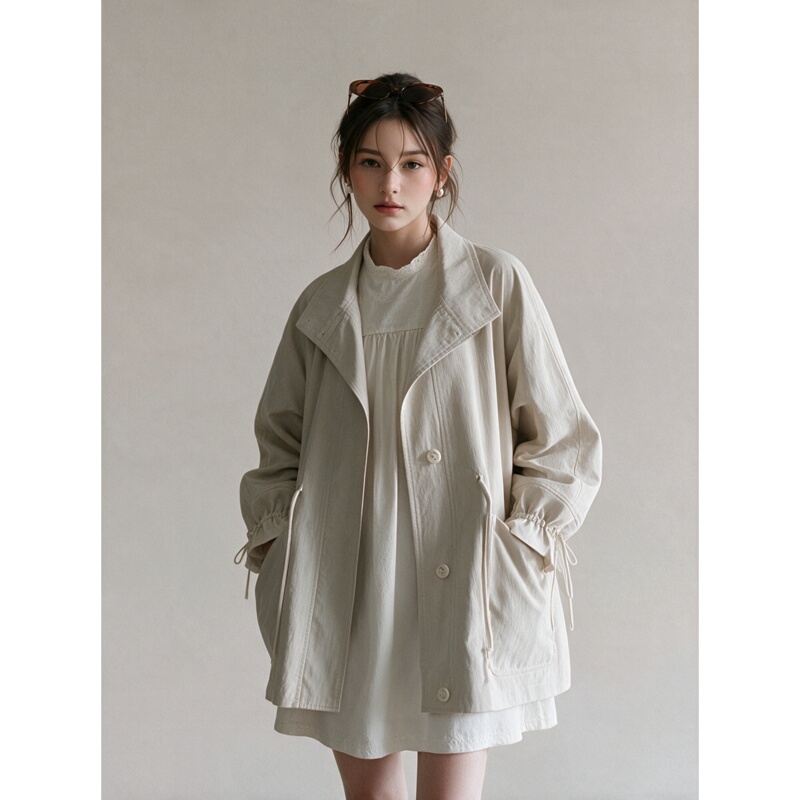 Liangmuyi Jeju Island Autumn Wind Plan Two-Color Stand Collar Drawstring Windbreaker Women's Winter Coat Versatile Wear Liangmuyi Jeju Island Autumn Wind Plan Two-Color Stand Collar Drawstring Windbreaker Women's Winter Coat Versatile Wear