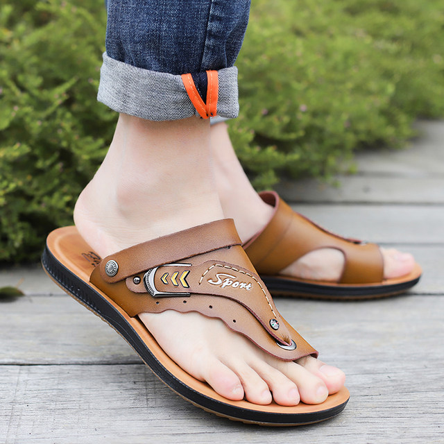 Sandals men's tendon bottom genuine leather 2023 new Korean style dual-purpose sandals beach leather sandals non-slip slippers men's trendy