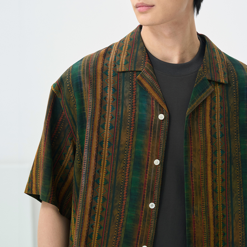 100% Mulberry Silk Xiangyun Silk Ethnic Striped Printed Shirt for Men, Summer Short-Sleeve, Turn-Down Collar, Cuban Collar, Old Money Style Shirt