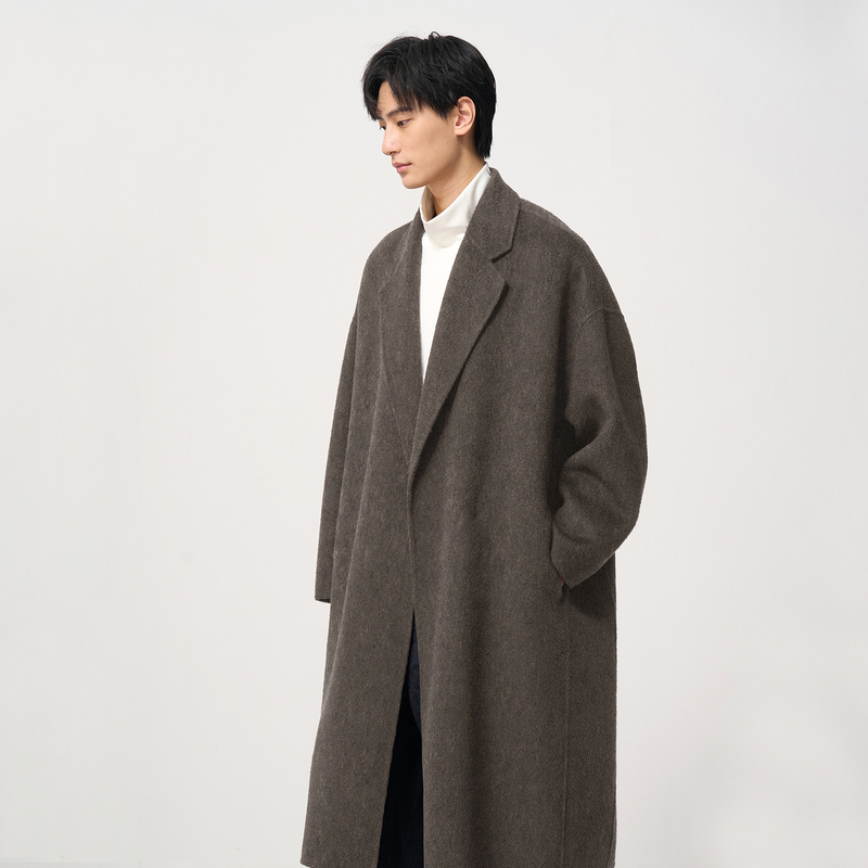[Anti-Static] Cashmere, Mulberry Silk, and Wool Bathrobe Coat for Men, Long Double-Sided Woolen Coat with a Relaxed Feel