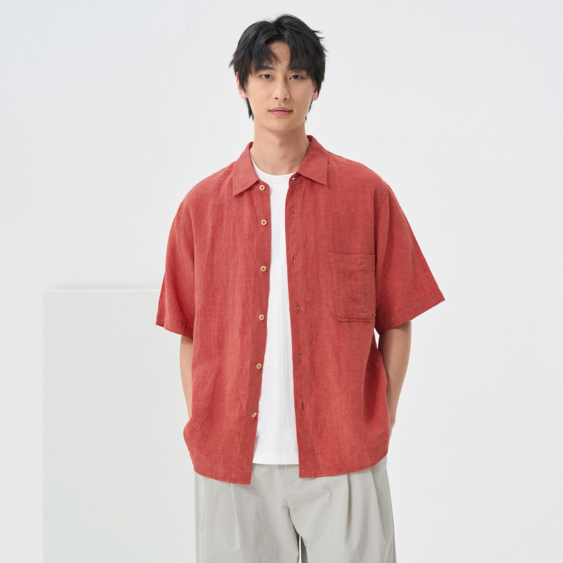 100% Linen High-End Yarn-Dyed Short-Sleeved Shirt for Men 2026 Summer New Loose Casual Lapel Shirt Style