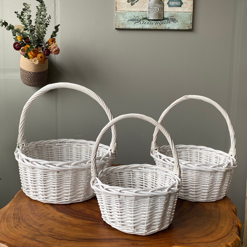Rustic Wicker Hand-Held Flower Basket, Woven Storage Basket, White Gift Floral Basket, Opening Fruit Basket Rustic Wicker Hand-Held Flower Basket, Woven Storage Basket, White Gift Floral Basket, Opening Fruit Basket