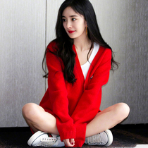 TUNEVA 2021 Early spring new Yang power stars with the same red sweater cardio-hoodie jacket V collar blouse