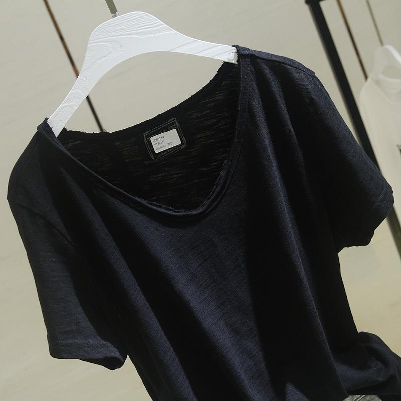 Mùa hè 2018 phiên bản mới của Hàn Quốc áo thun trắng tay ngắn tinh khiết nữ thô viền v-cotton cotton rộng tay áo phông form rộng nữ