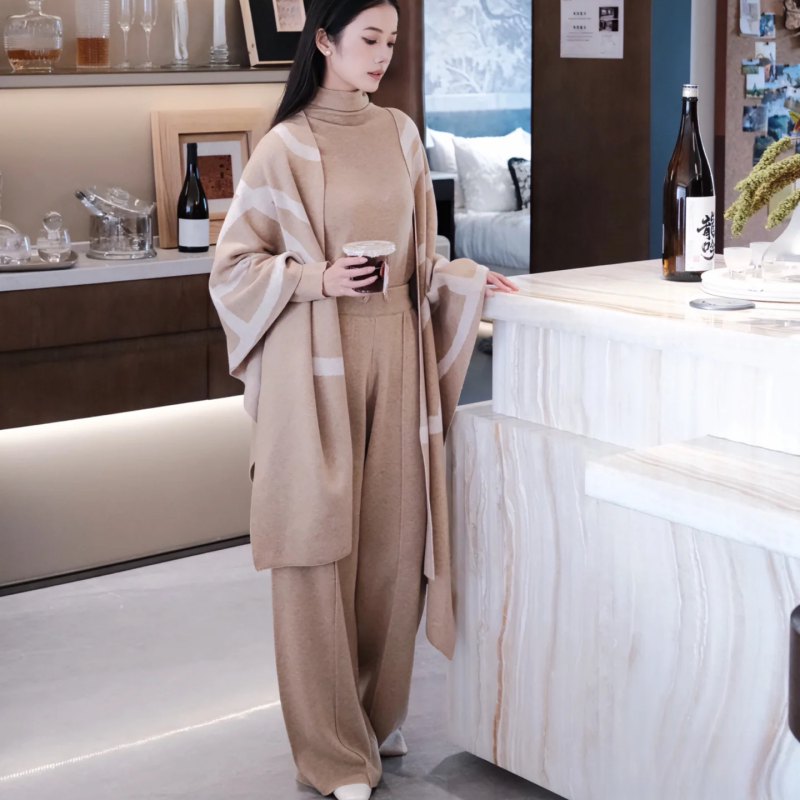Jacquard Shawl Three-Piece Set for Women 2026 Autumn New Knitted Cape Straight-Leg Pants Suit Wool Cool and Lazy Style Jacquard Shawl Three-Piece Set for Women 2026 Autumn New Knitted Cape Straight-Leg Pants Suit Wool Cool and Lazy Style