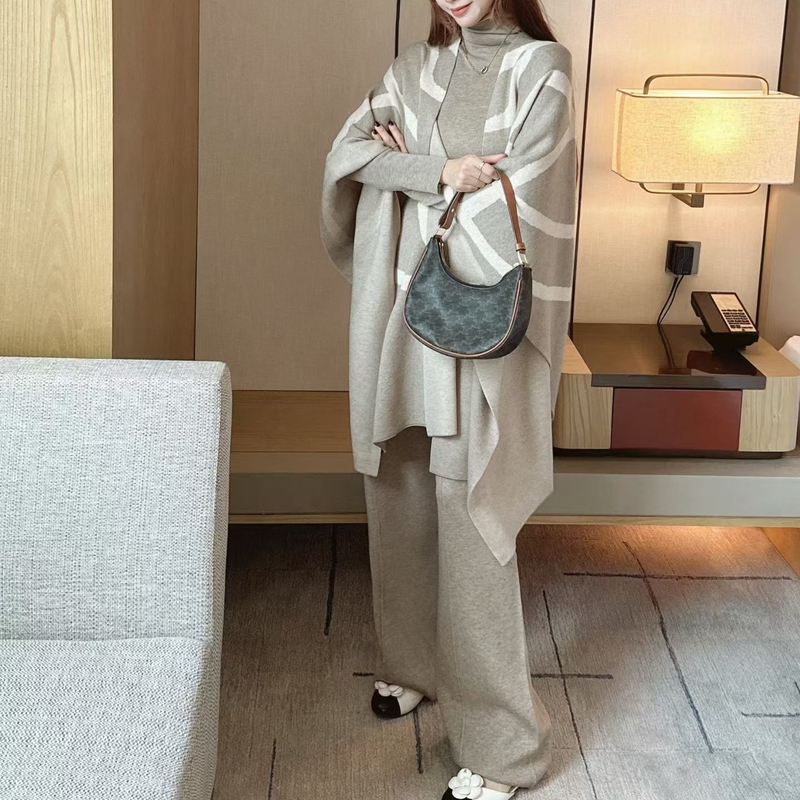 Autumn New Korean Style Loose Slimming Cape Women's Sweater High-Waisted Wool Wide-Leg Straight Pants Shawl Three-Piece Set
