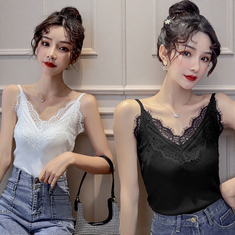 Sexy V-Neck Lace Spliced Camisole for Women, New Summer Style, Slim Fit Lace Bottoming Shirt, Outer Wear Top