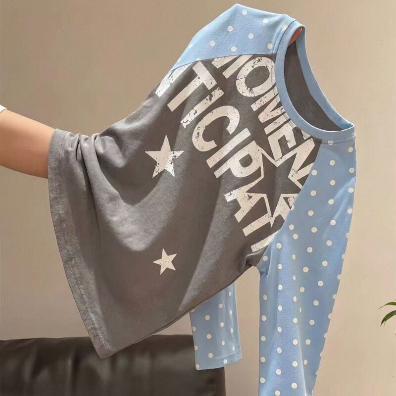American Style New Color-Block Polka Dot Letter Print Raglan Long-Sleeve T-Shirt for Women, Autumn Loose Fit, Children's Lazy Style Tee