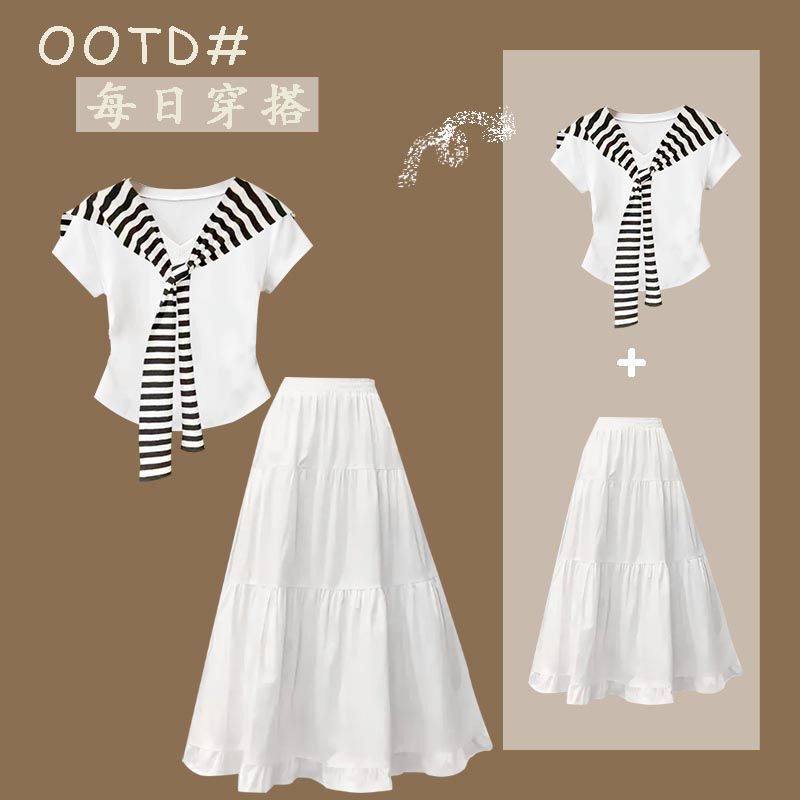 Trendy Social Media Influencer Style White V-Neck Short-Sleeve Top + White Skirt Set for Older Children ins