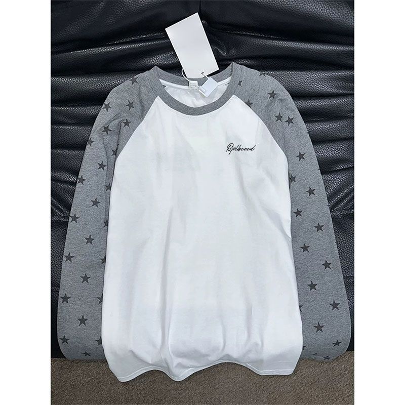 Trendy ins Children's Korean Style Star Print Patchwork Sleeve Color-Block Letter Long-Sleeve T-Shirt for Girls, Loose Round Neck Pullover Top