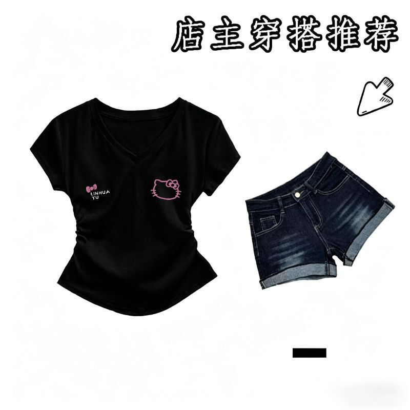 Girls' Cute Cartoon Letter Cat Print V Neck T-Shirt + Denim Shorts Set Slimming Summer Outfit for Older Children