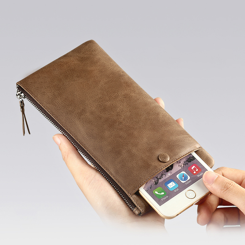 2026 New Wallet Men's Long Genuine Leather Zipper Clutch Women's Cowhide Ultra-Thin Wallet Envelope Bag Men's Phone Bag