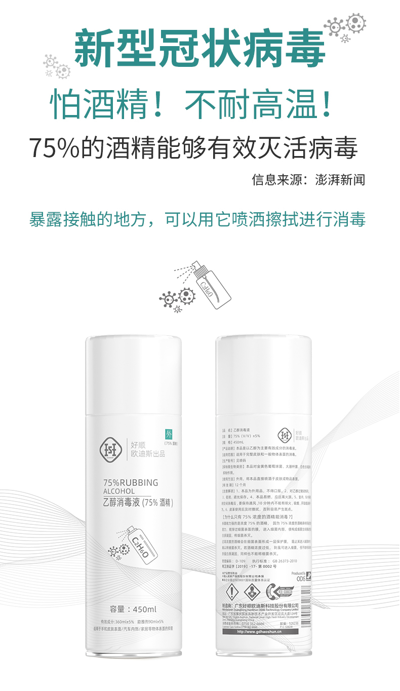 75%酒精消毒液 免手洗喷雾 450ml 图2