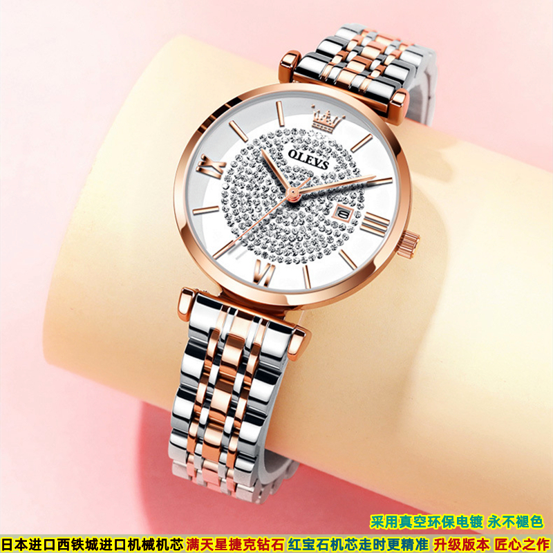 Japanese Imported Women's Premium Mechanical Watch, Genuine Waterproof High-End Starry Sky Calendar Quartz Elegant Wristwatch