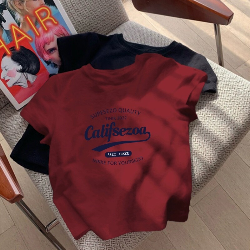 Bm American Retro Burgundy Short-Sleeve T-Shirt for Women, New Summer Style, Regular Shoulder Fit, Slim Fit, Printed, Super Stylish Short Top Bm American Retro Burgundy Short-Sleeve T-Shirt for Women, New Summer Style, Regular Shoulder Fit, Slim Fit, Printed, Super Stylish Short Top